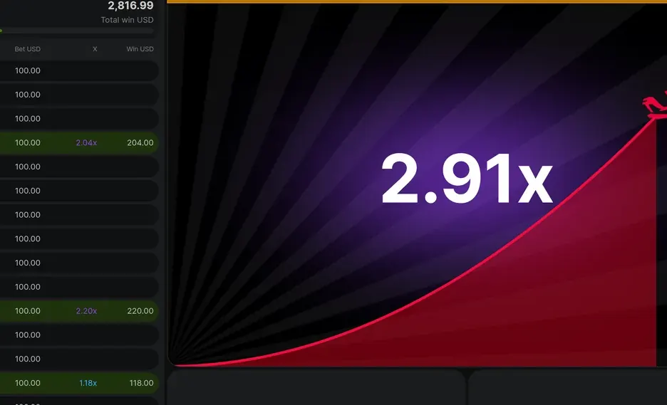 A crash game mid-round, its multiplier curve rising