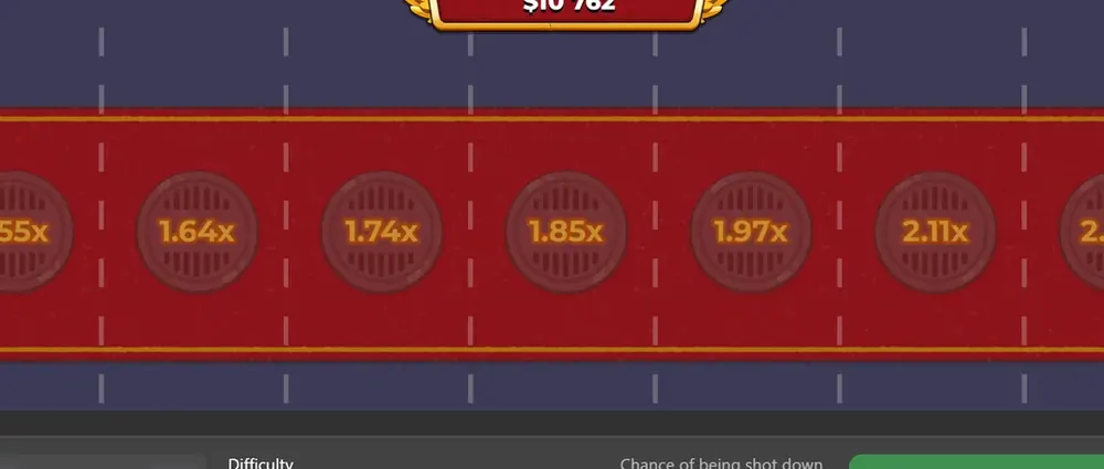 The road mid-round: the chicken between lanes, each lane carrying its own printed multiplier