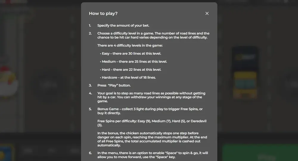 The game's own rules panel, describing lanes, cash out and the difficulty cards